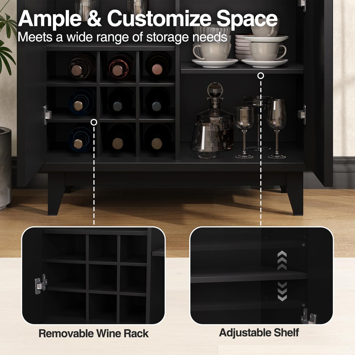 Modern Fluted Coffee Bar Cabinet with Removable Wine Rack and Adjustable Shelf, Solid Wood Legs, Multi-Functional Sideboard Buffet for Kitchen, Dining Room, Living Room, Entryway, Black