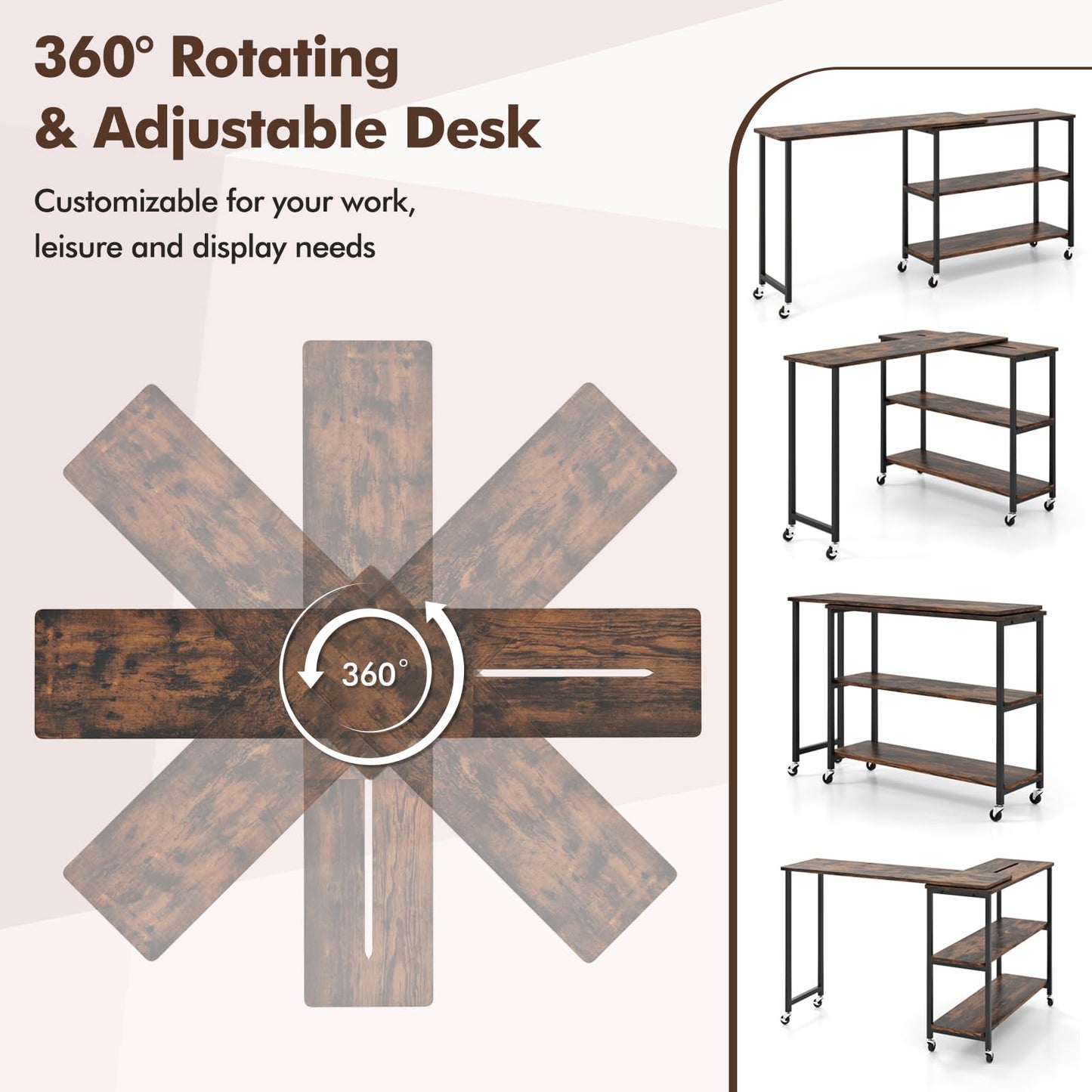 Giantex 360° Free Rotating Sofa Side Table, Patented Mobile End Table with 2-Tier Storage Shelves, Movable Laptop Table w/ 6 Universal Casters, Couch Table Snack Table for Home Office, Large