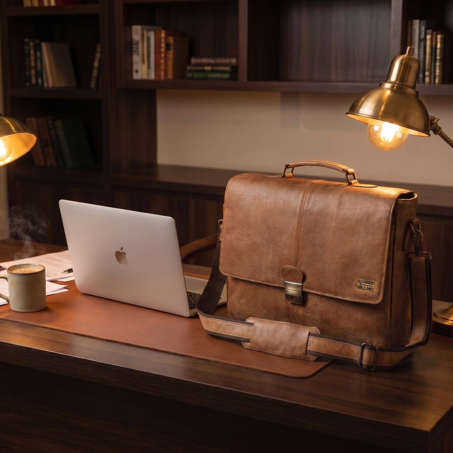 LEATHER VILLAGE Leather Messenger Bag for Men & Women, 16 Inch Handmade Laptop Briefcase Satchel, Crossbody Shoulder Office Bag for Work, Travel & Business - Cognac Brown