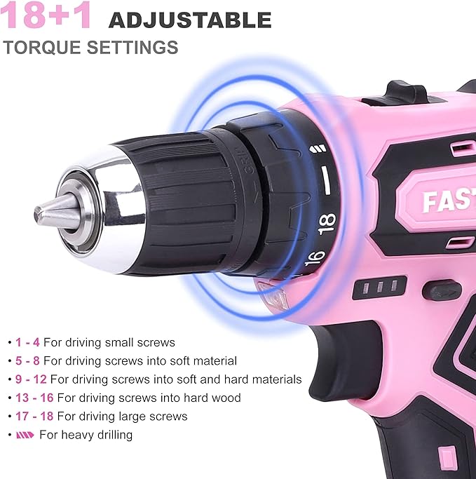 FASTPRO 232-Piece 20V Pink Cordless Lithium-ion Drill Driver and Home Tool Set, Lady's Repairing Kit with 12-Inch Wide Mouth Open Storage Bag