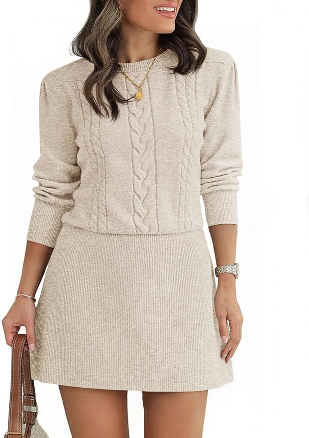 Saodimallsu Womens Puff Long Sleeve Sweater Dress Cable Knit A Line Crew Neck Fall Casual Flare Mini Dresses