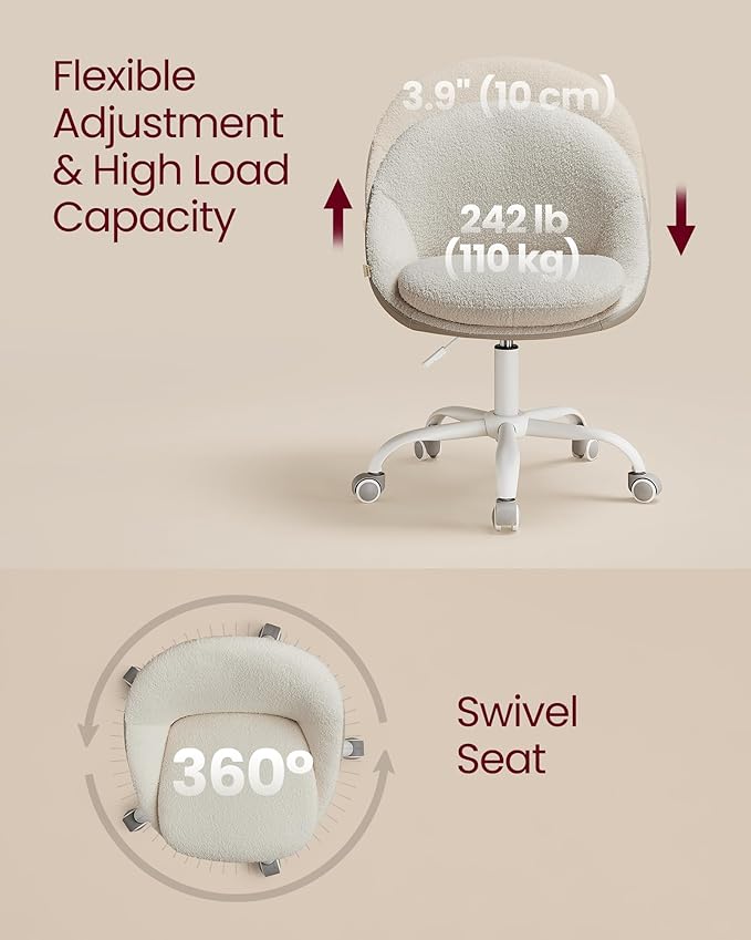 VASAGLE Vanity Chair with Back, Adjustable Swivel Cute Desk Chair with Wheels, Sherpa and PU Leather for Lumbar Support, Compact for Small Spaces, Bedroom, Cappuccino Beige and Cloud White UOBG020W91