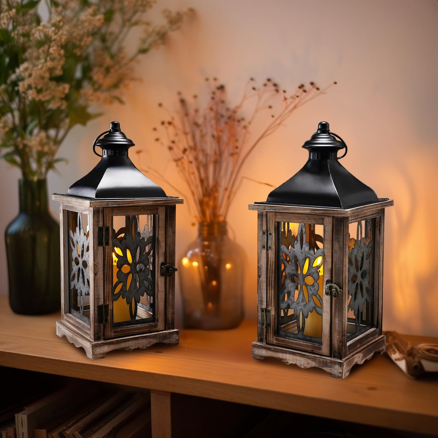 Homemory Rustic Christmas Farmhouse Lantern Decor, Wood & Metal 16'' Candle Lantern Hanging Candle Holders for Outdoor Indoor Home Living Room Patio Porch Table (Wood)