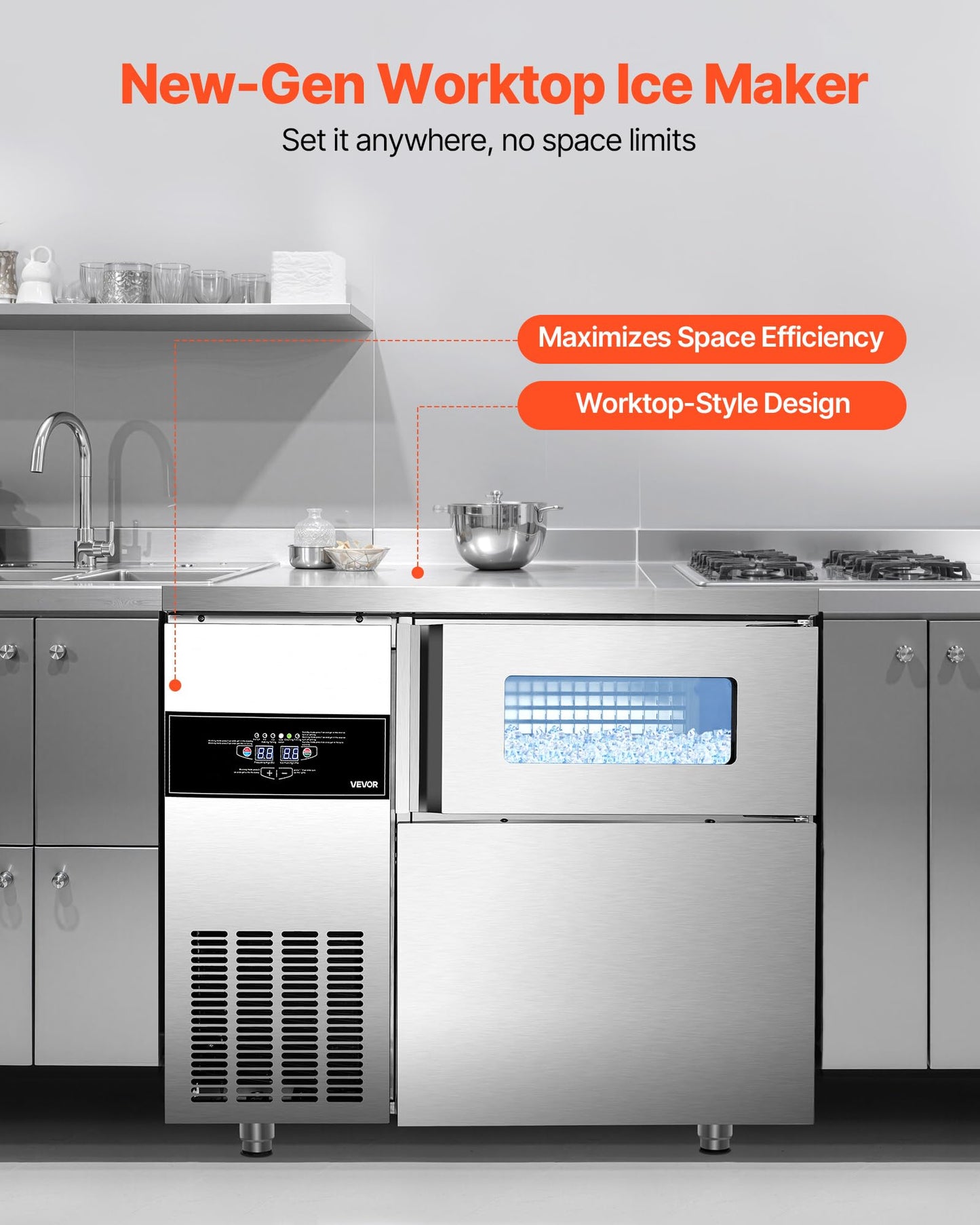 Vevor Commercial Ice Maker Machine, 220 Lbs/24H Stainless Steel Ice Machine With Worktop, 66 Lbs Ice Storage Bin & Touch Screen,