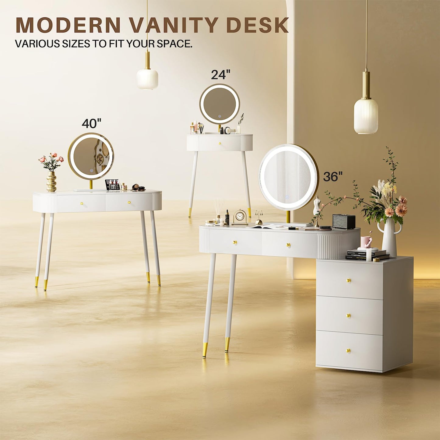 WinZo 40" Vanity Desk with Mirror and Lights, Small Makeup Vanity Table with 2 Storage Drawers and Charging Station, 3 Color Touch Screen Stylish Dressing Table for Small Spaces & Bedroom, White