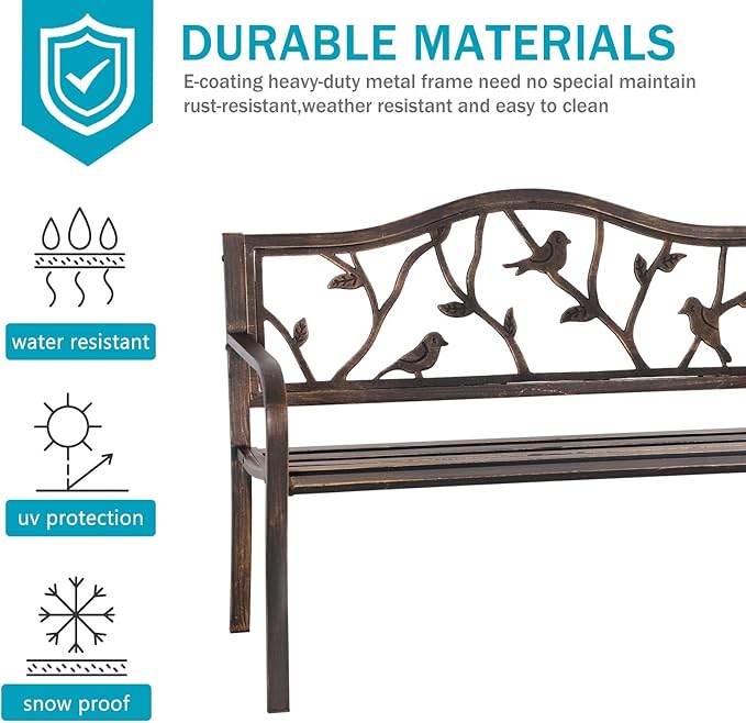 MFSTUDIO Outdoor Metal Bench Set of 2, 50" Outdoor Garden Bench, Patio Metal Frame Park Bench with Bird Pattern Backrest for Porch, Lawn, Deck, Bronze