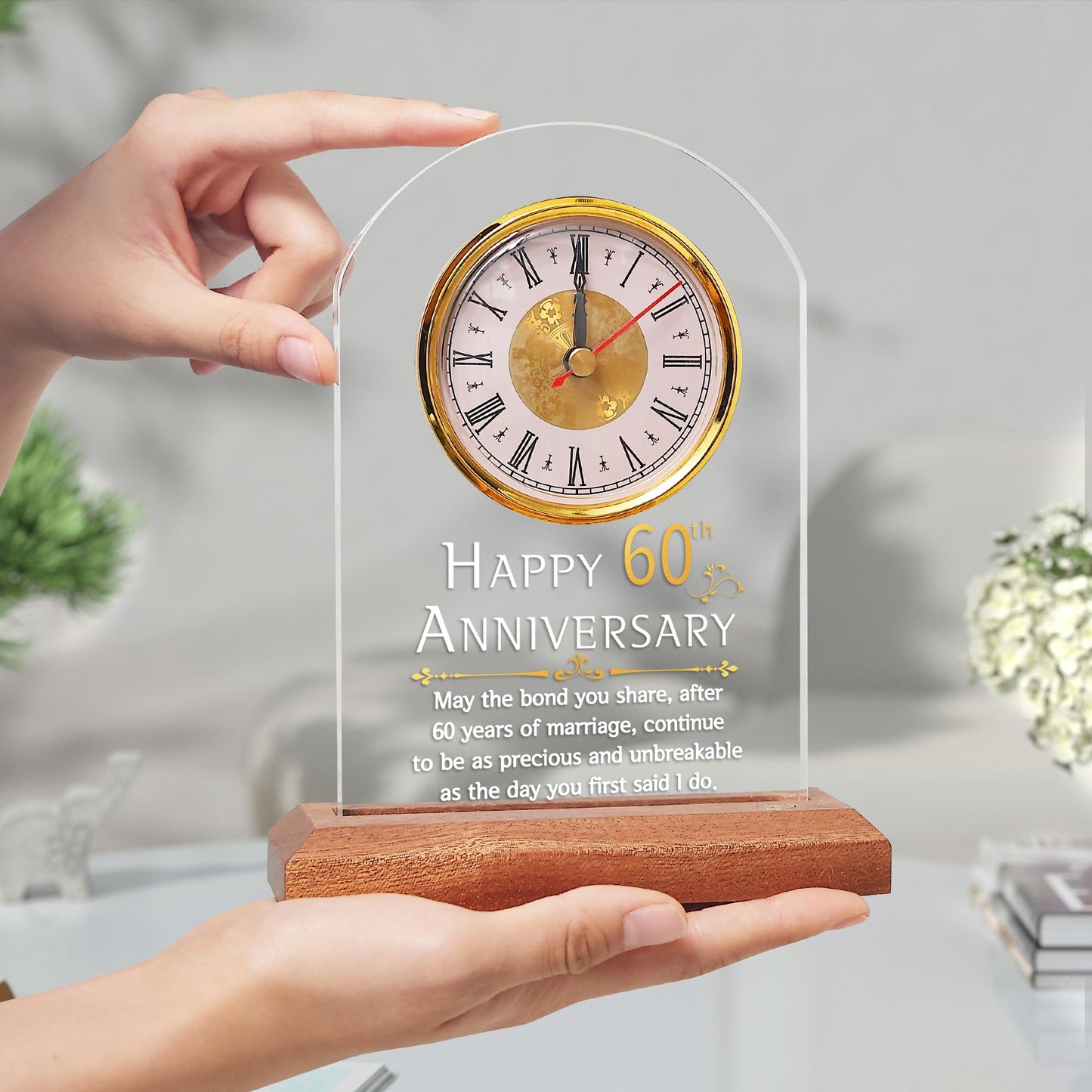 FULLOSUN 60th Anniversary Wedding Gift, Desk Table Clock, Anniversary Quartz Clock, 60 Years of Marriage, Diamond Wedding for Couple, Parents, Grandparents (60th)