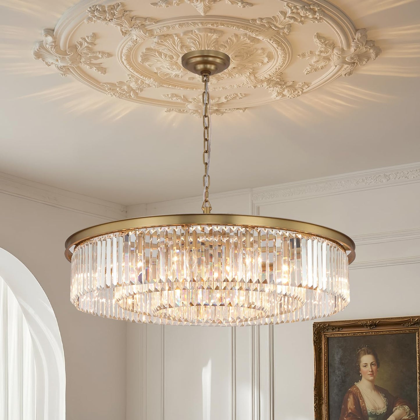 GMlixin Large Crystal Chandelier Modern Luxury Pendant Ceiling Lights Fixture Antique Gold Chandelier for Dining Room Living Room 12-Lights 3-Tier Raindrop Chandeliers Lighting (Gold, Dia 31 Inch)