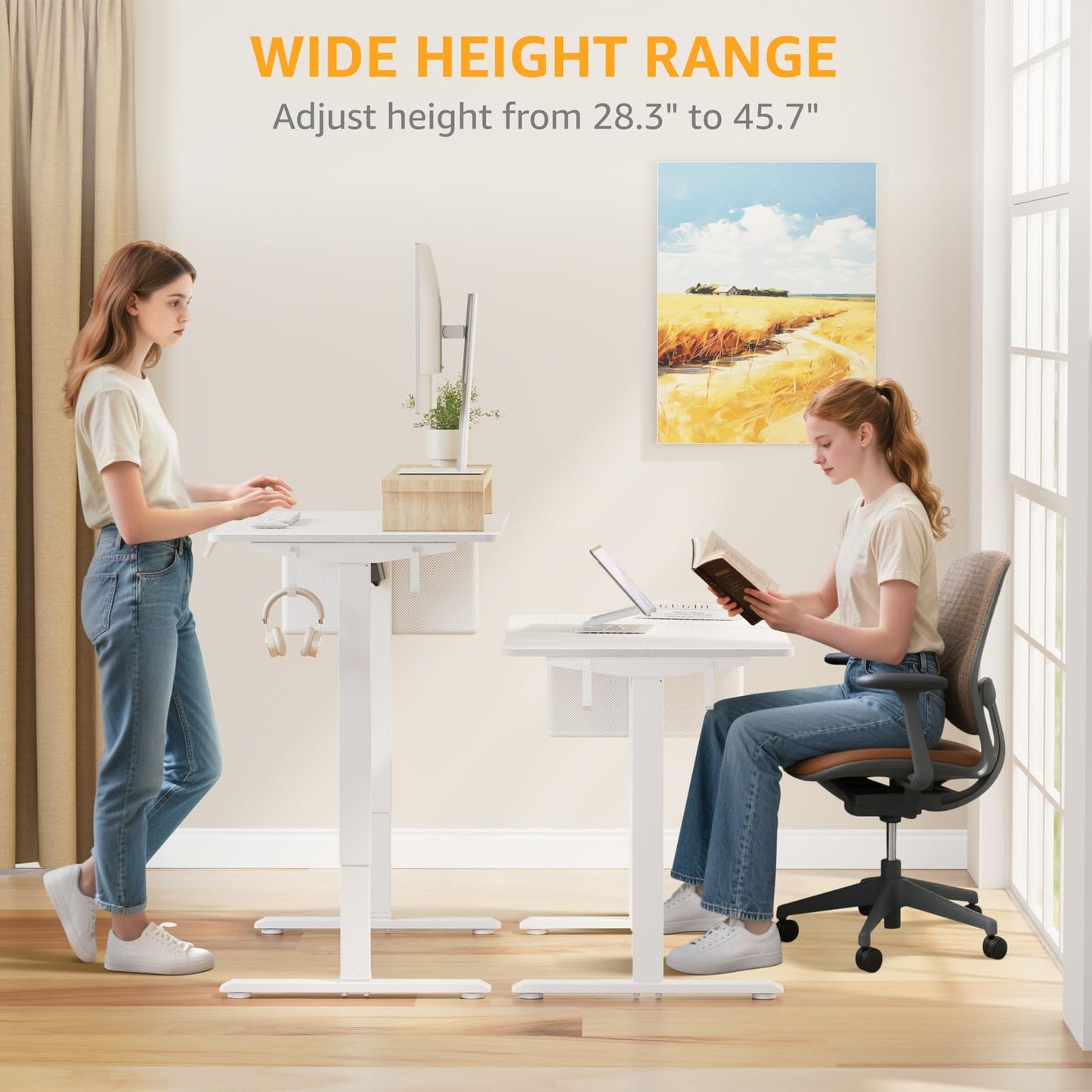 White Small Electric Standing Desk - 32 Inch Narrow Adjustable Height Stand up Desk for Writing Study Work, Mini Sit to Stand Desks Workstation for Small Space Adult Boys Girls Bedroom Home Office