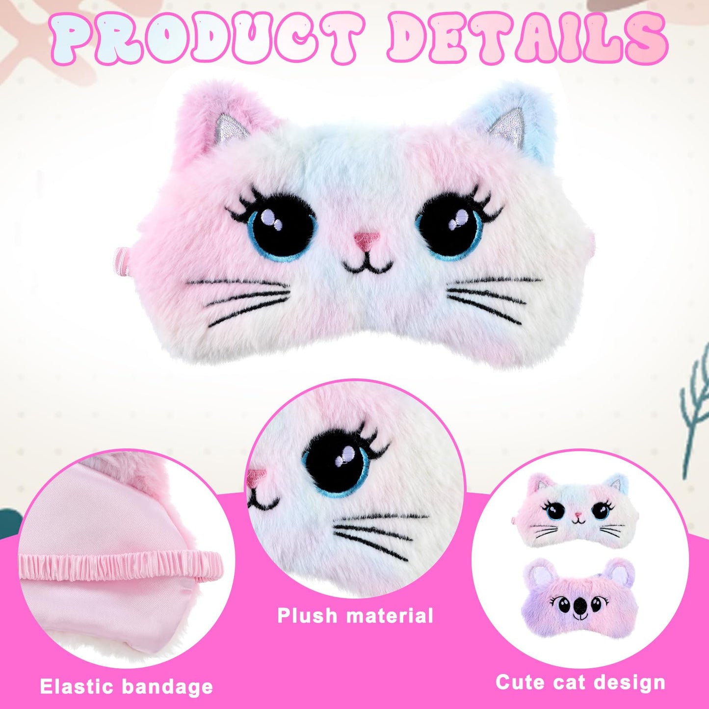Kids Sleep Mask, 2 Pcs Cute Plush Cat Sleeping Mask for Women Soft Colorful Girls Sleep Masks Comfortable Funny Animal Sleeping Eye Cover for Women Home Travel Gift (Cat, Koala)