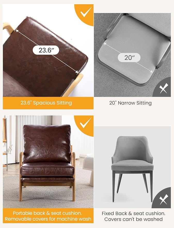 Mid Century Modern Accent Chairs for Living Room, 23” Wide Comfy Chair for Bedroom, Small Cozy Leather Reading Chairs for Adults, 108° Lounge Arm Chair Indoor with Detachable Cover, 5.5" Foam Cushion