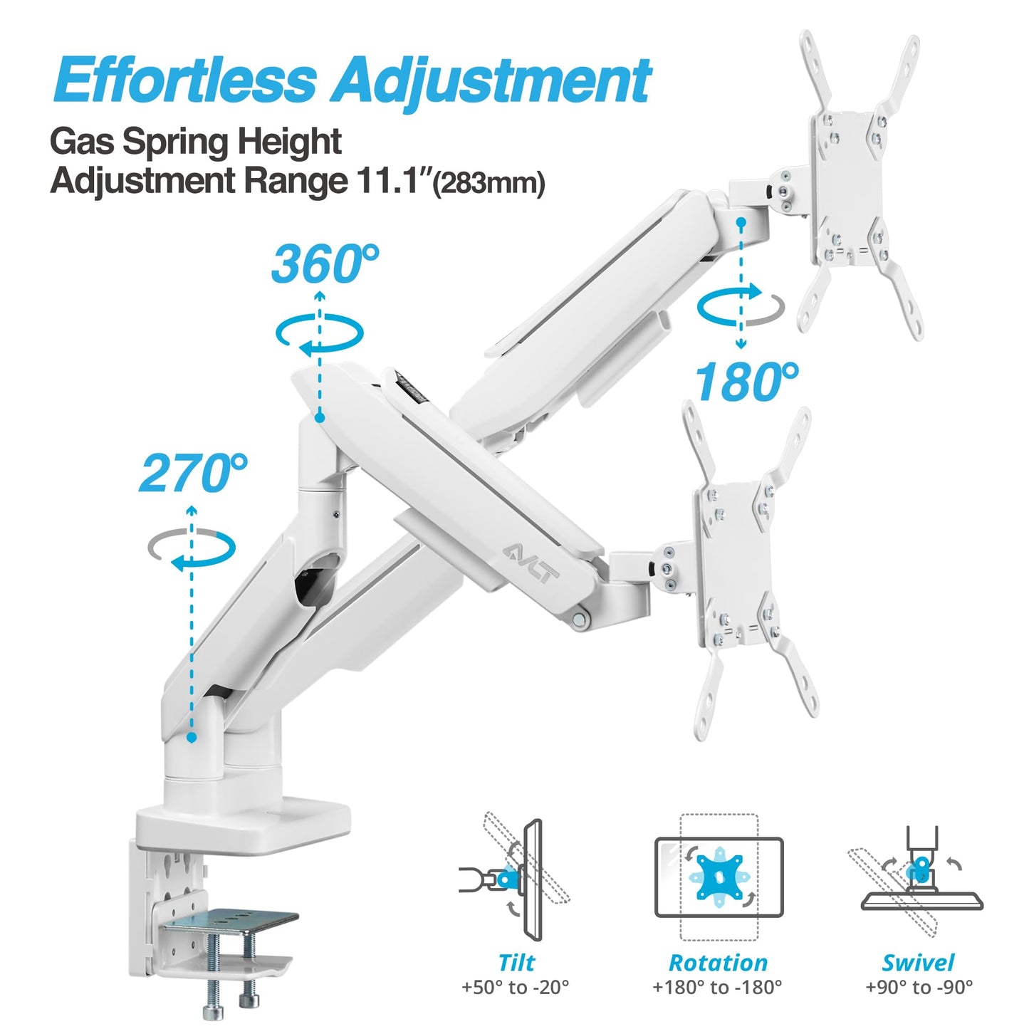 AVLT RGB Lights Dual 17”-43” Gaming Monitor Arm Desk Mount, Fits Two Flat/Curved/Ultrawide Screen up to 44lbs(20kg), Height Swivel Tilt Adjustable Stand – White