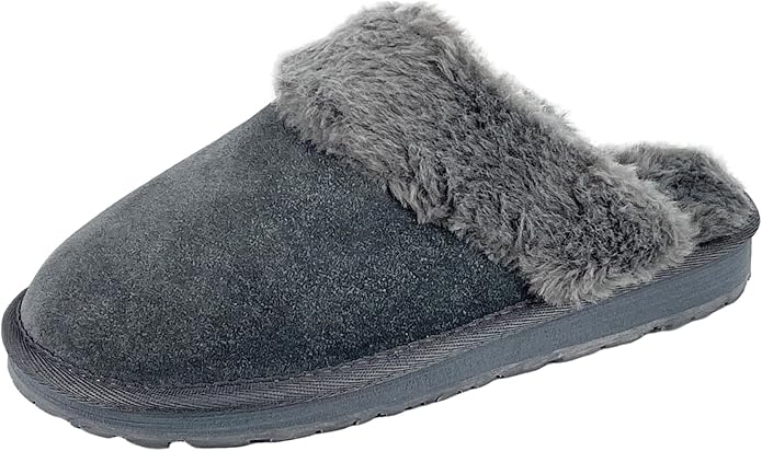 Clarks Womens Open Back Suede Leather Comfort Clog Slipper JMS0583C - Plush Faux Fur Trim - Indoor Outdoor House Slippers ...