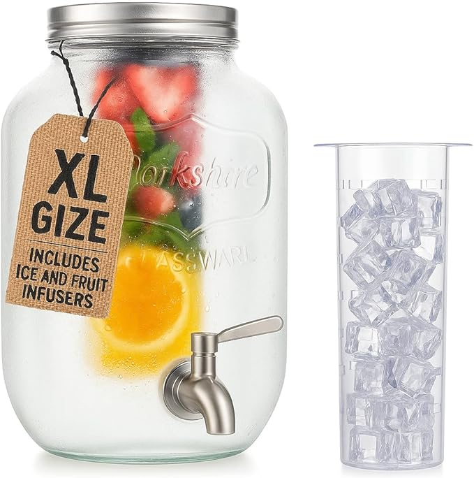 2 Gallon Extra Large Iced Beverage Dispenser with Ice & Fruit Infusers – Glass Mason Jar Drink & Beverage Container with S...