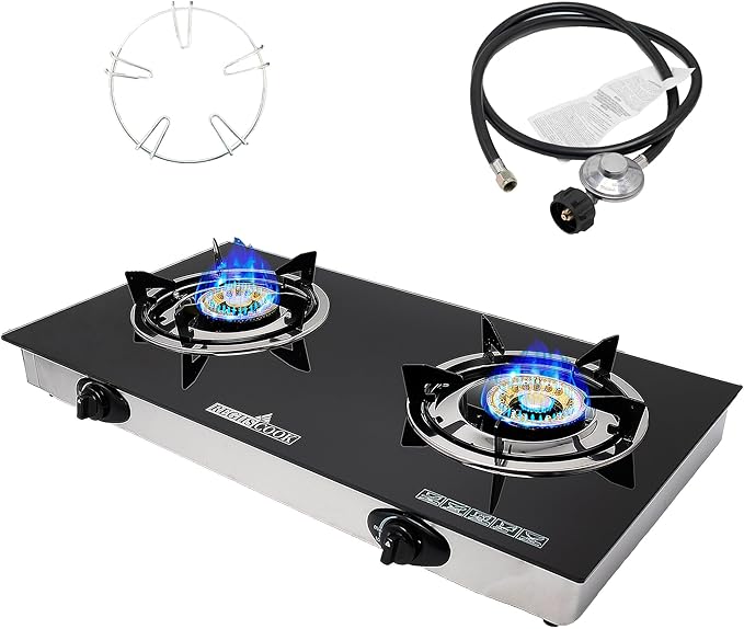 RegiisCook 2 Burner Propane Gas Cooktop,Camping Portable LPG Gas Stove, Auto Ignition Tempered Glass Countertop with regul...