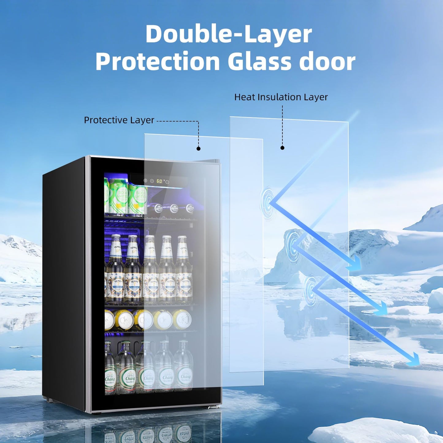 Antarctic Star Mini Fridge -130 Can Beverage Refrigerator CoolerGlass Door for Soda Beer or Wine Constant Glass Door Small Drink Dispenser for Home, Office Bar 3.2cu.ft