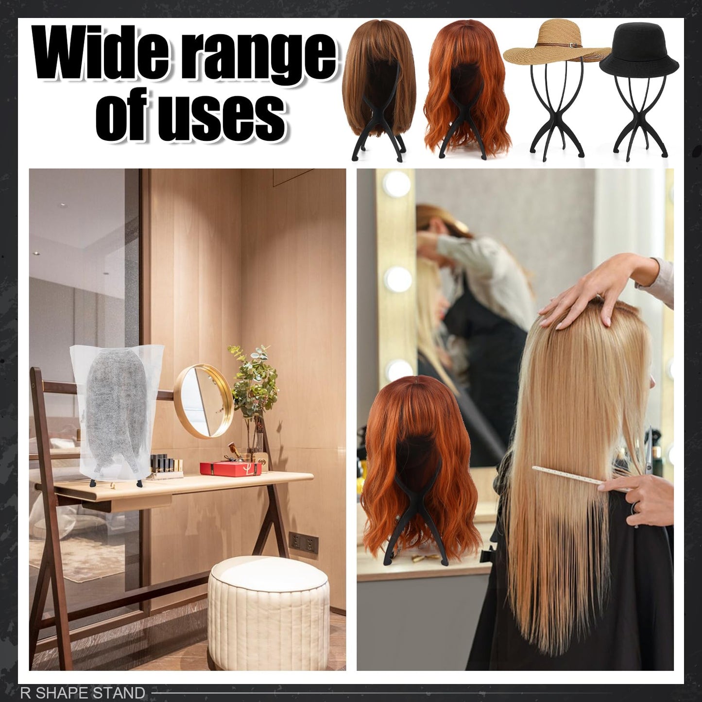 ProSuites 2 Pack Wig Stand with 2Pcs Wig Dust Bag, Travel Wig Head Stand Holder for Women Multiple Wigs Styling, Black, Hair Len