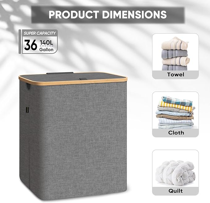 BALEINE Laundry Hamper with Lid, Tall Laundry Baskets with Bamboo Pull Handles, Large Laundry Bin with Internal Support (36 Gal/140L, Grey)