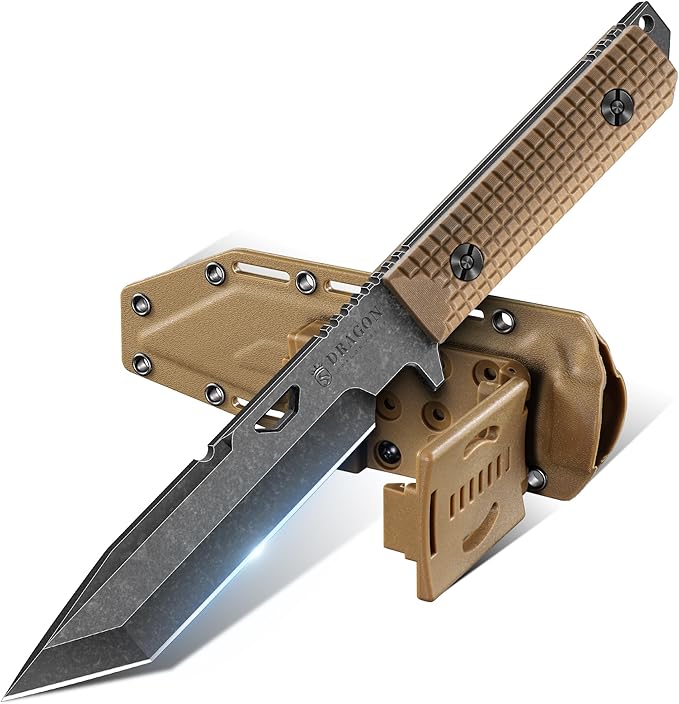 Dragon Creek Tactical Knife Kydex - Outdoor Survival Knife with Sheath D2 Steel Blade G10 Full Tang Handle for Camping Hik...
