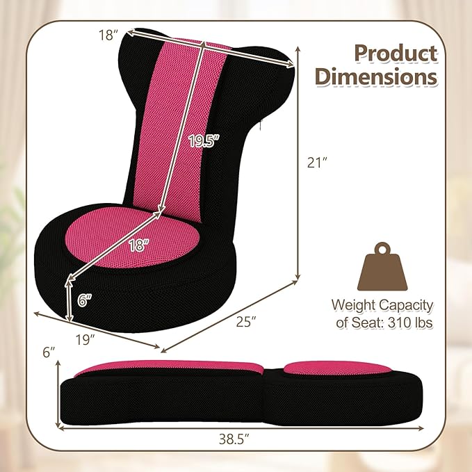 Giantex Floor Chair for Adults, Floor Gaming Chair with 5-Level Adjustable Backrest and 14 Headrest Positions, Breathable Mesh Cover, Seating Lounge Chair for Reading, Meditation, Watching TV (Pink)