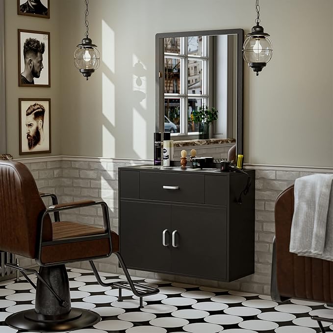 Wall Mount Salon Station Barber Stations Styling Station with Mirror Drawer Storage Cabinet Spa Salon Equipment(Black)