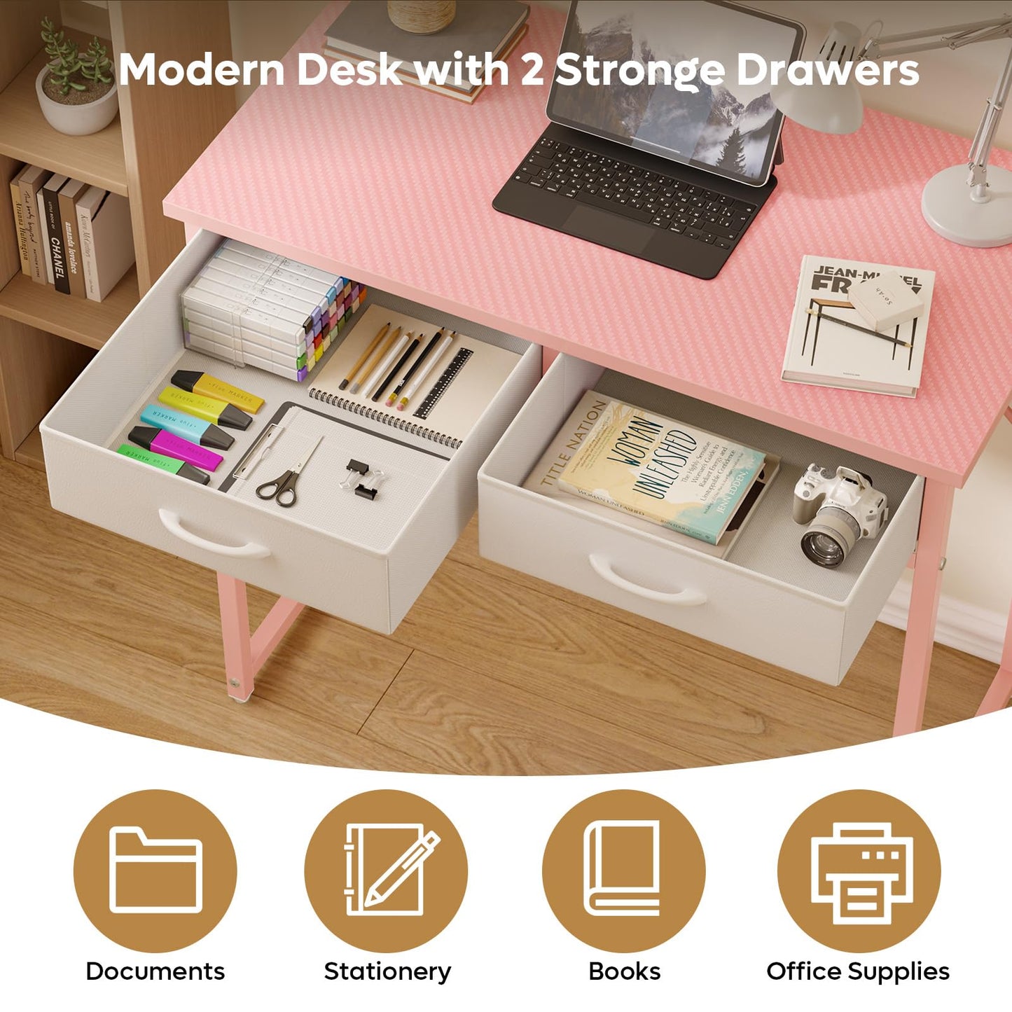 Pinmoco Small Desk with 2 Fabric Storage Drawers, Vanity Desk with LED Light, Home Office Computer Desk for Bedroom Small Spaces, Adjustable Feet, Pink