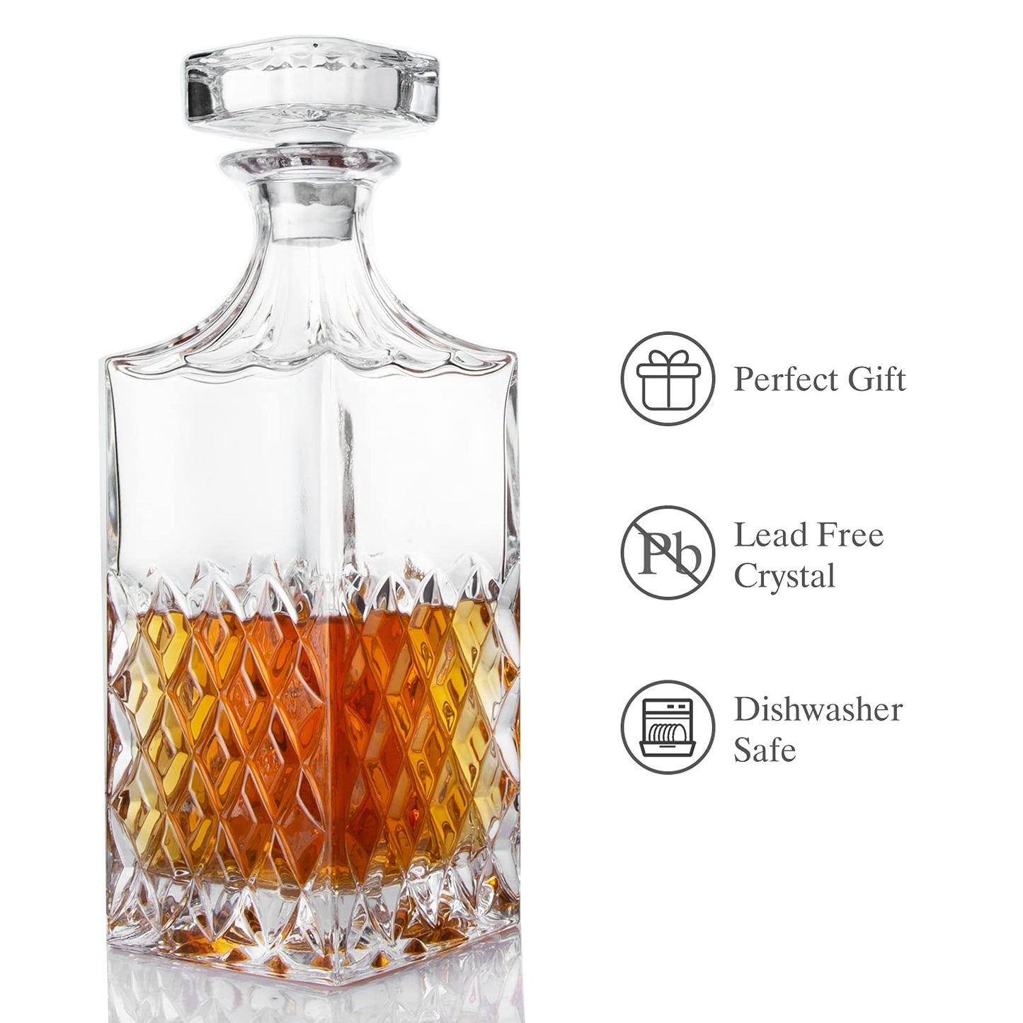 LIGHTEN LIFE 29oz Crystal Whiskey Decanter with Stopper, Non-Lead, 828ml, Clear, Durable, Dishwasher Safe, Classic European Design, Gift Box Included