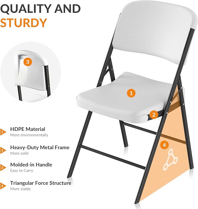 Elevon Folding Chairs Heavy Duty Plastic Chairs with 350-Pound Capacity for Home Office Camping Kitchen Dining Wedding Party Event Picnic, White, 6-Pack