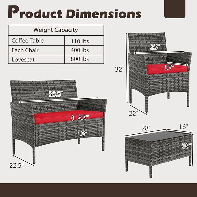 RELAX4LIFE 4-Piece Patio Furniture Set - Rattan Outdoor Conversation Bistro Set w/Cushions, Glass Coffee Table, Wicker Chairs & Loveseat for Garden Backyard Porch, Balcony Furniture (1, Mix Grey-Red)