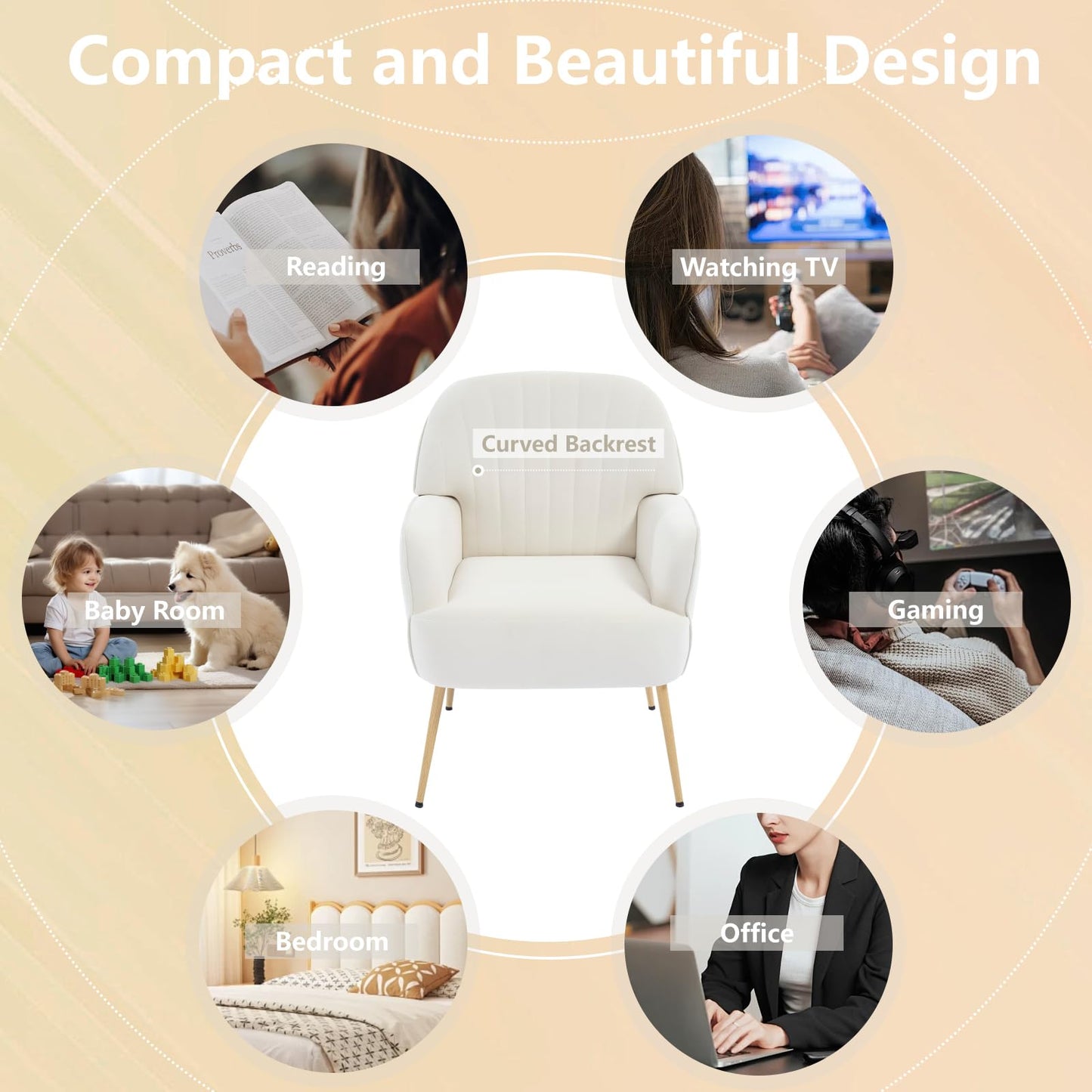 E-Motie Velvet Accent Chair, Modern Upholstered Living Room Chairs, Luxury Single Sofa Armchair with Metal Legs, Comfy Barrel Chairs for Living Room, Bedroom, Waiting Room, Office and Cafe, Beige