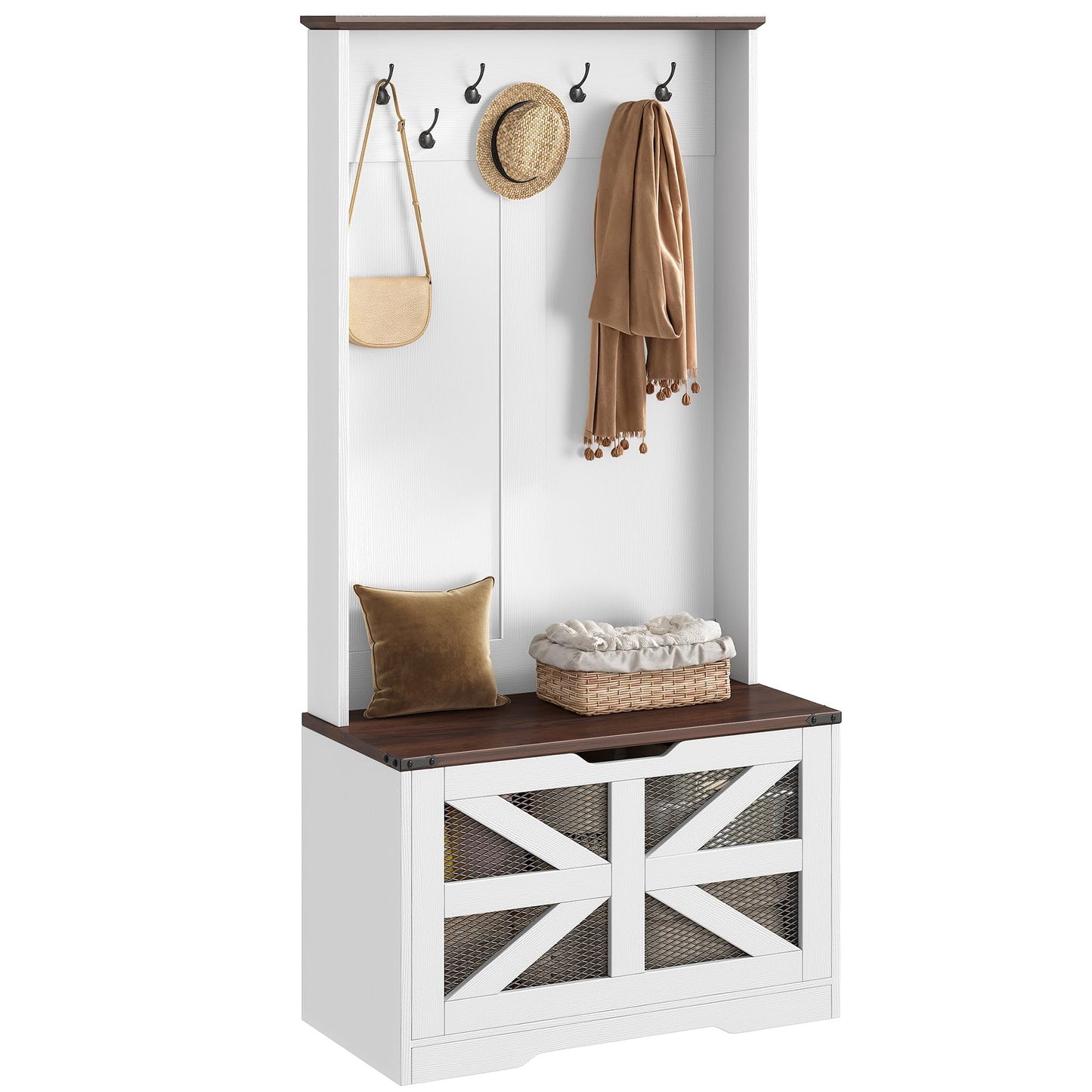 YITAHOME Hall Tree with Bench and Shoe Storage, Mudroom Storage Coat Rack Hallway Tree with 7 Hooks, Farmhouse Wood Shoe Bench for Entryway & Mudroom, Walnut & Off-White