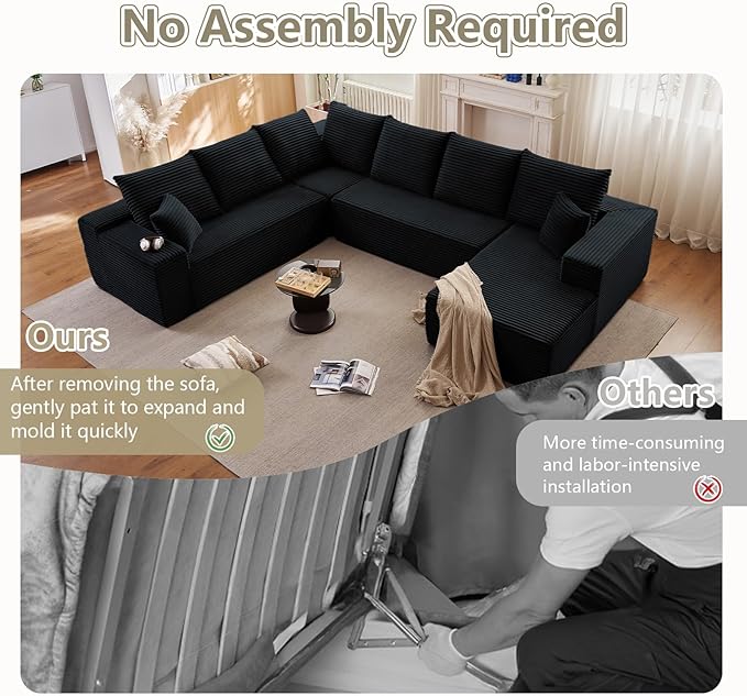 Cloud Sectional Couch with L-Shape Chaise, Modern Modular Comfy Sofa with Deep Seat, Upholstered Corduroy Couches Stupendous U Shaped Sofas for Living Room Bedroom, No Assembly Required, Black