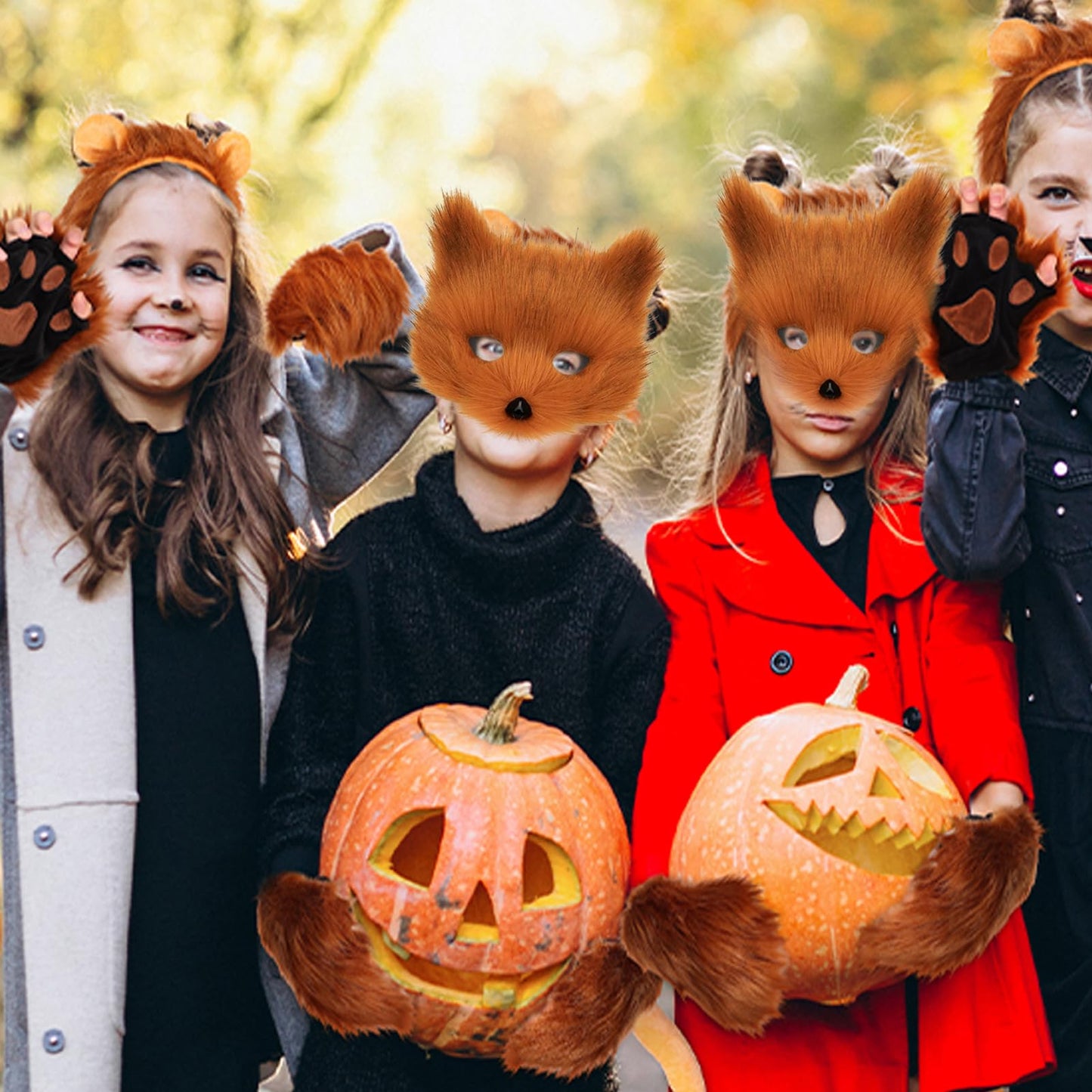 Valpeak Therian Mask and Tail Set for Girls Halloween Cat Mask Tail Cosplay Fox Mask Wolf Tail Over 1 Years Old (Golden)