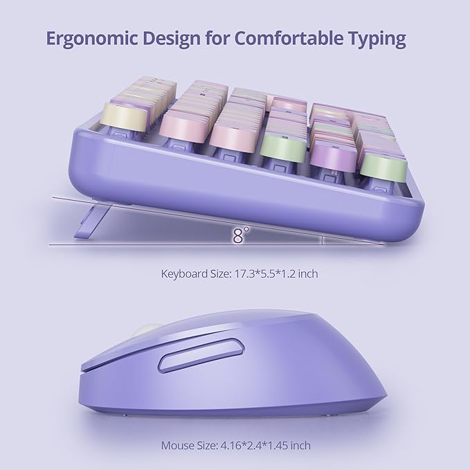 Wireless Keyboard and Mouse Set, Retro Typewriter 2.4GHz Full Size 104-Key Cute Colorful Keyboard with Number Pad Round Keycaps for Windows PC Laptop(Colorful Purple)
