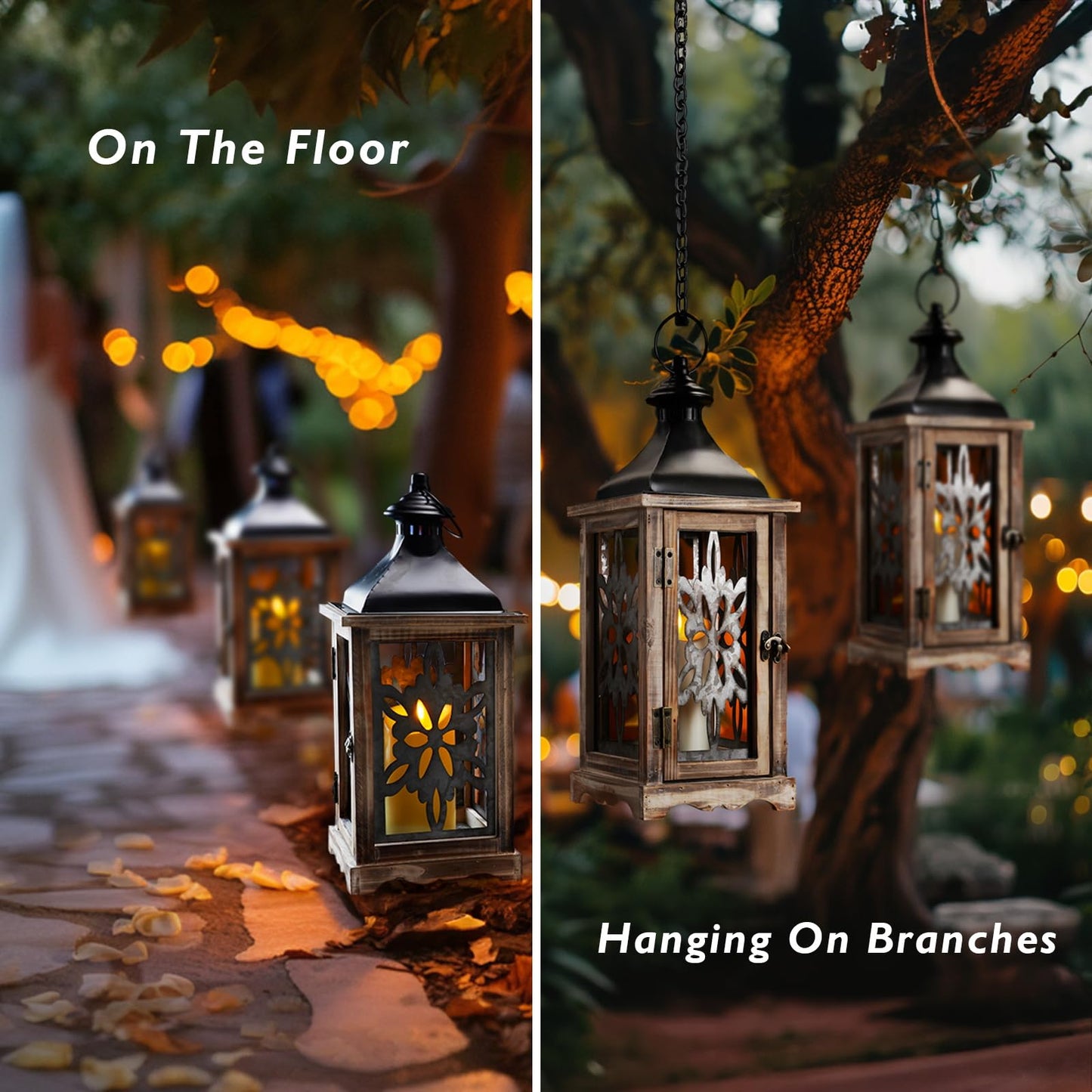 Homemory Rustic Christmas Farmhouse Lantern Decor, Wood & Metal 16'' Candle Lantern Hanging Candle Holders for Outdoor Indoor Home Living Room Patio Porch Table (Wood)