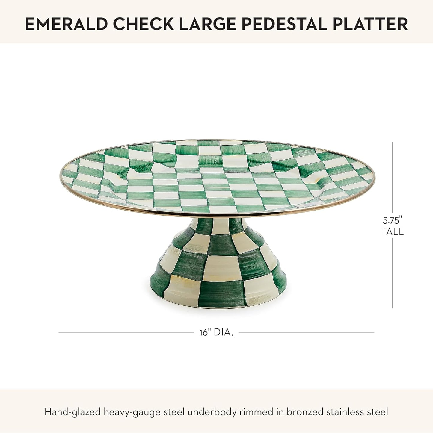 MACKENZIE-CHILDS Enamel Pedestal Platter, Round Cake Stand, Large, Green-and-White Emerald Check