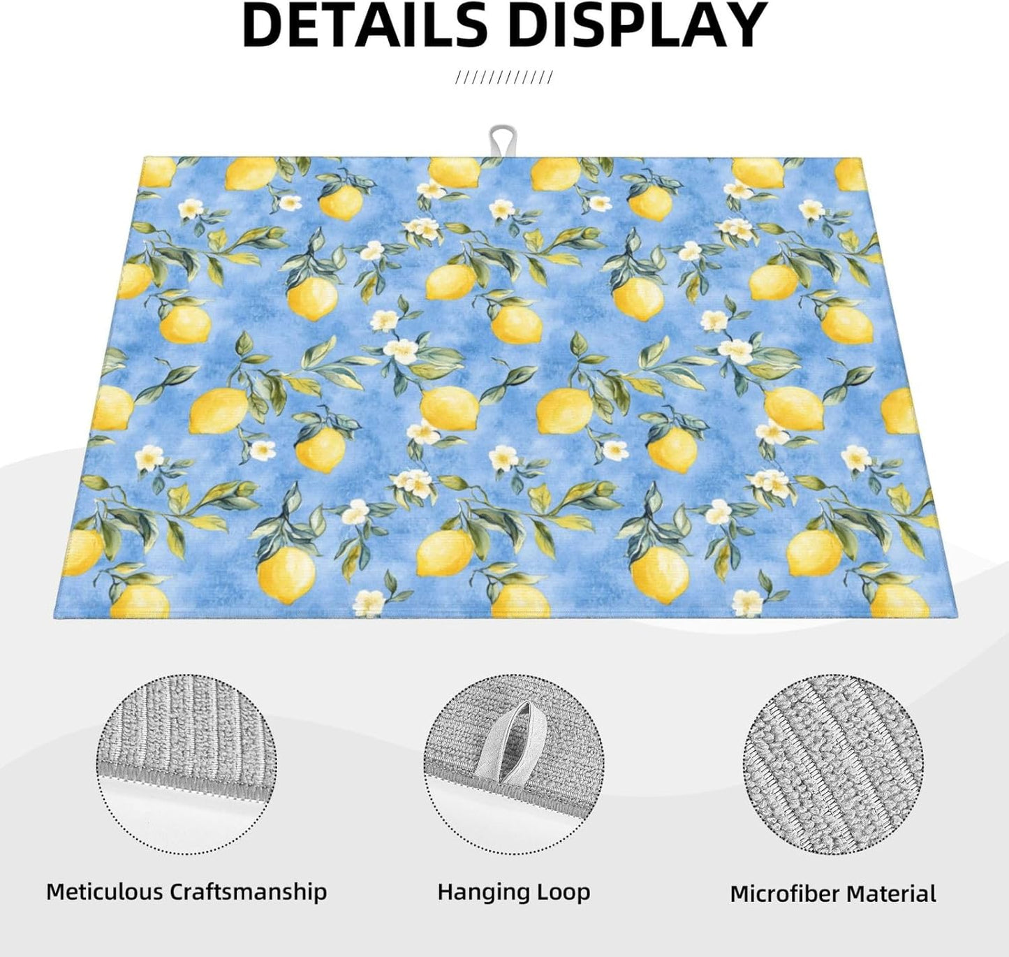 Dish Drying Mat for Kitchen Blue Watercolor Lemon Flower Counter Absorbent Dishes Drainer Microfiber Large 18x24 Inch