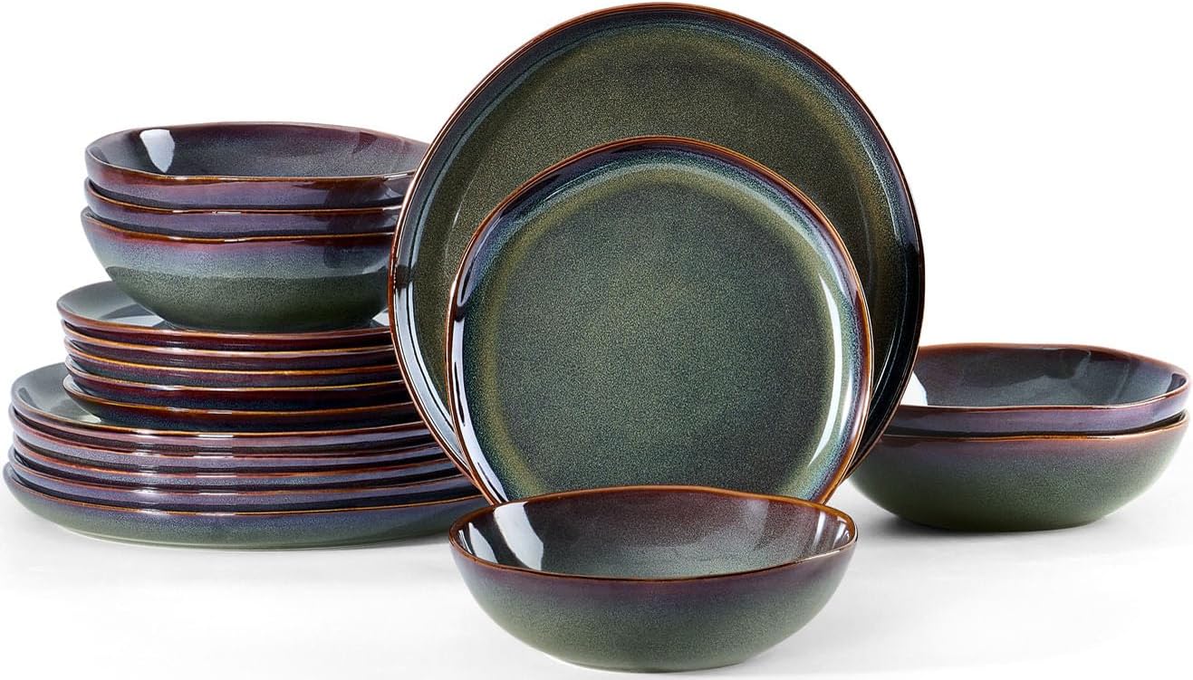 Herogo 18PCS Dinnerware Sets for 6, Stoneware Plates and Bowls Dish Set, Irregular Handmade Dinner Ware Dishware for Kitchen Dinning, Microwave & Dishwasher Safe, Lichen Green