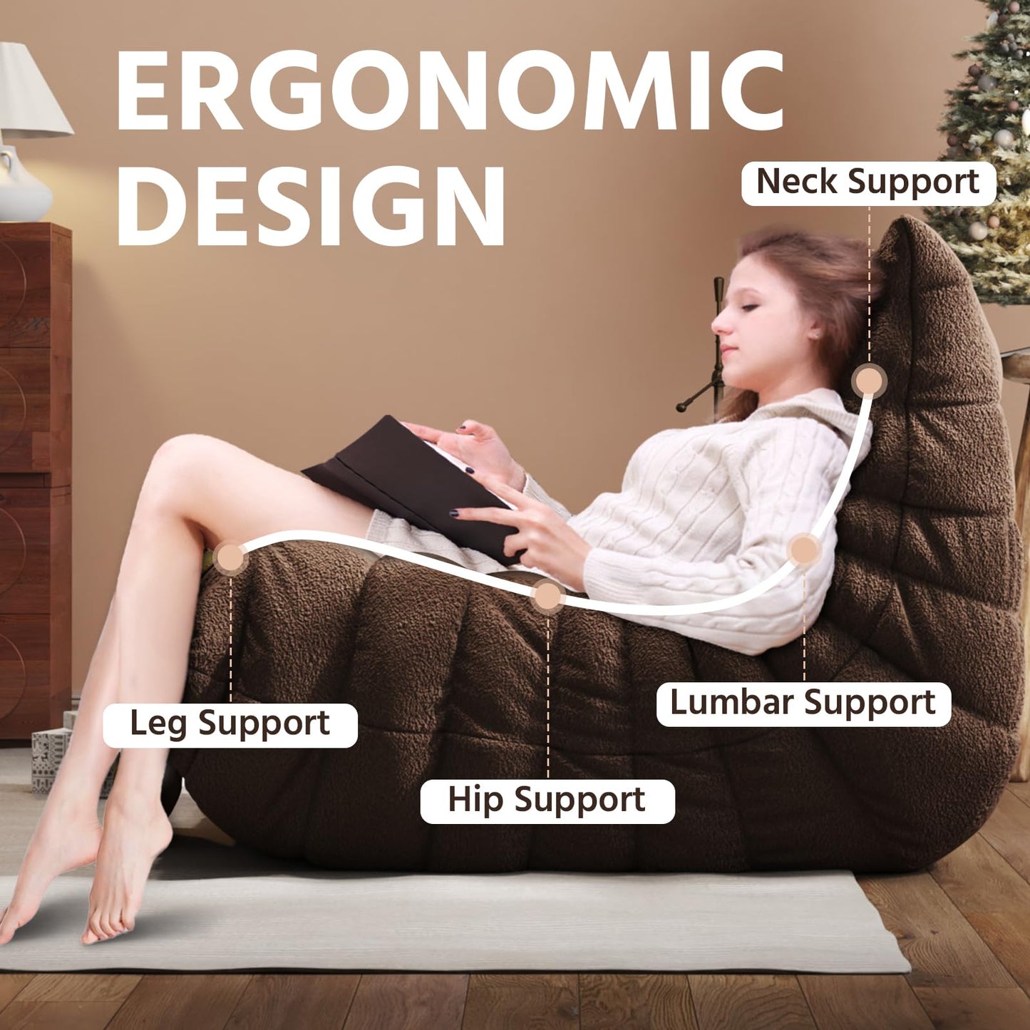 Bean Bag Chair, Fireside Chair, Large Bean Bag Chair for Adults, Bean Bag Chairs for Teens with High-Resilience Foam, Non-Slip Base Floor Lounge Sofa,Living Room (Coffee, Single)