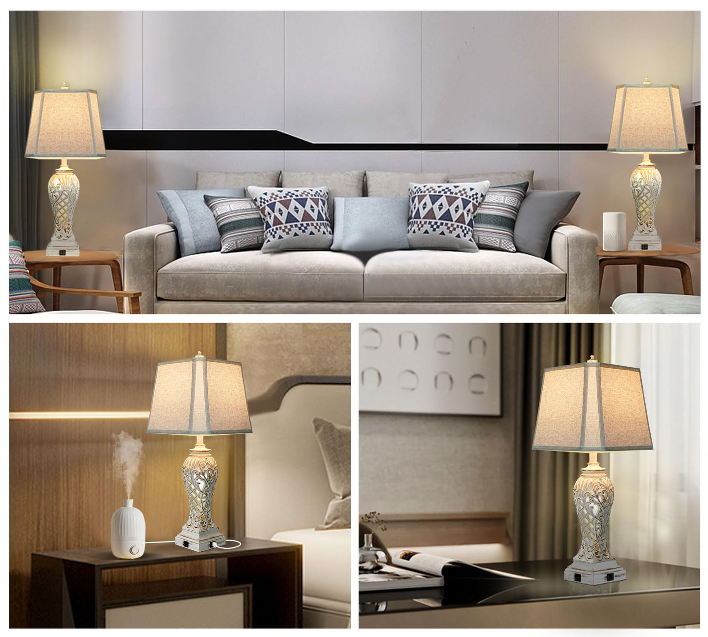 iKopyal Set of 2 Table Lamps for Bedroom Living Room, Bedside Lamp with Fabric Shades, 29'' Tall Coastal Nautical Lamp with USB and Nightlight