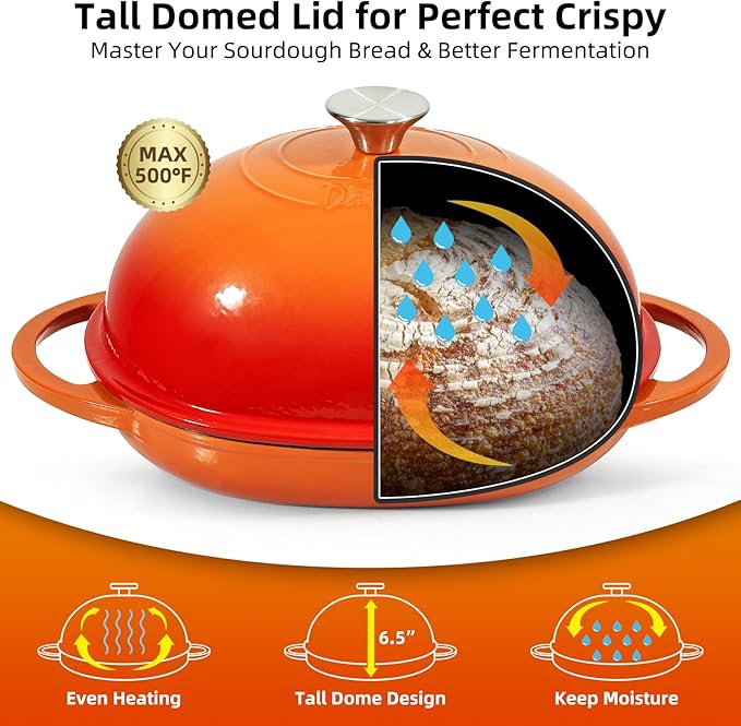 Davivy 6QT Oval Sourdough Bread Dutch Oven with Silicone Oven Mitts, Cast Iron Bread Pan Sourdough Pan with Lid, Enameled Cast Iron Bread Cloche Dutch Oven- Flame Orange