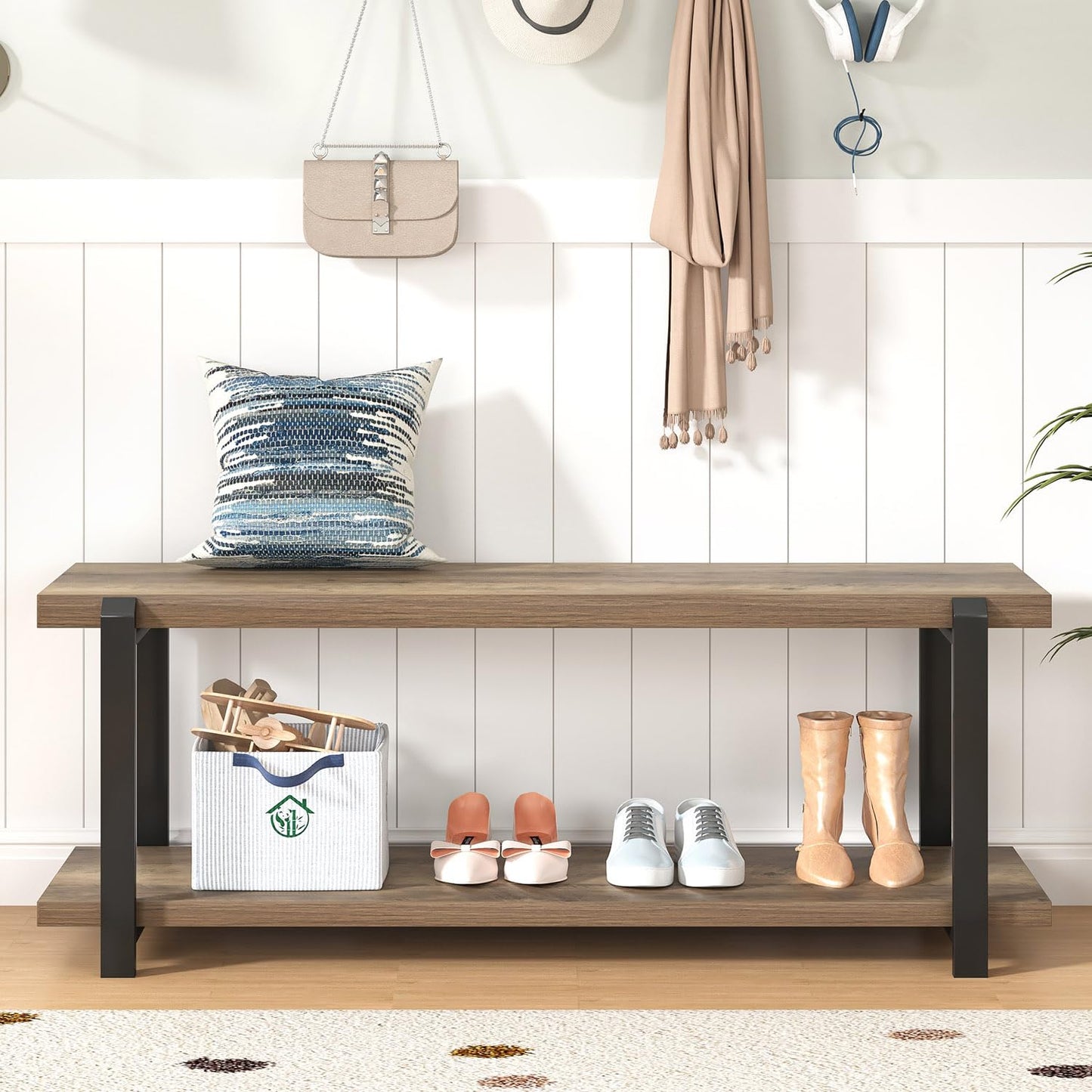 FOLUBAN Entryway Bench, Industrial Shoe Storage Bench for Bedroom Living Room, Modern Indoor Bench Seat for Hallway Front Door Entrance, Easy Assembly, Oak 47 inch