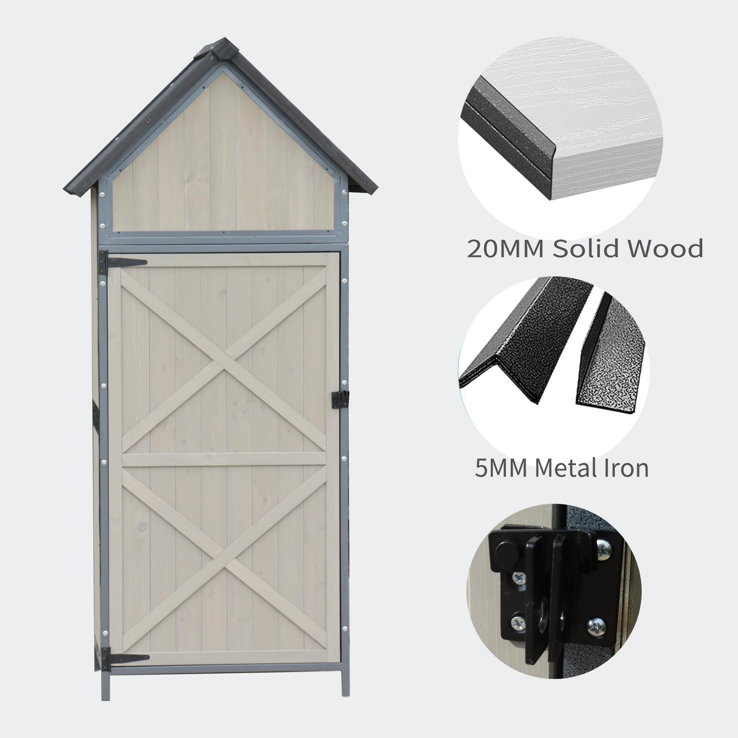 68" Tall Wooden Cabinet, Outdoor Storage Shed with Floor, Adjustable Shelves & Lockable Door, Waterproof Garden Shed, Metal Frame Tool Cabinet for Backyard, Patio & Garden Tool Organization