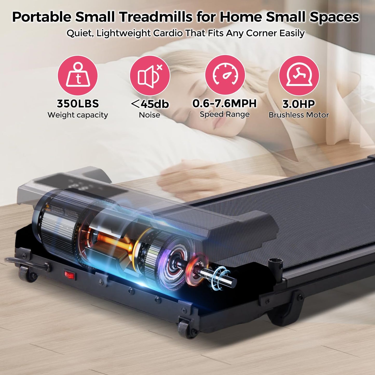 HevGlrm Walking Pad with Handle Bar, 2026 Upgrade Small Walking Pad Treadmill for Home, 3.0HP Portable Under Desk Treadmill with Handles for Home Small, 0.6-7.6MPH, 350LBS