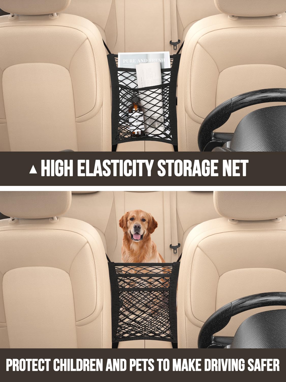 Backseat Car Organizer(20 Storage Pockets),Come with Free 1 Seat Net and 2 Headrest Hook, Touch Screen Tablet Holder, Divider for Driving Safely Children & Pets…, Car Organizer (black)