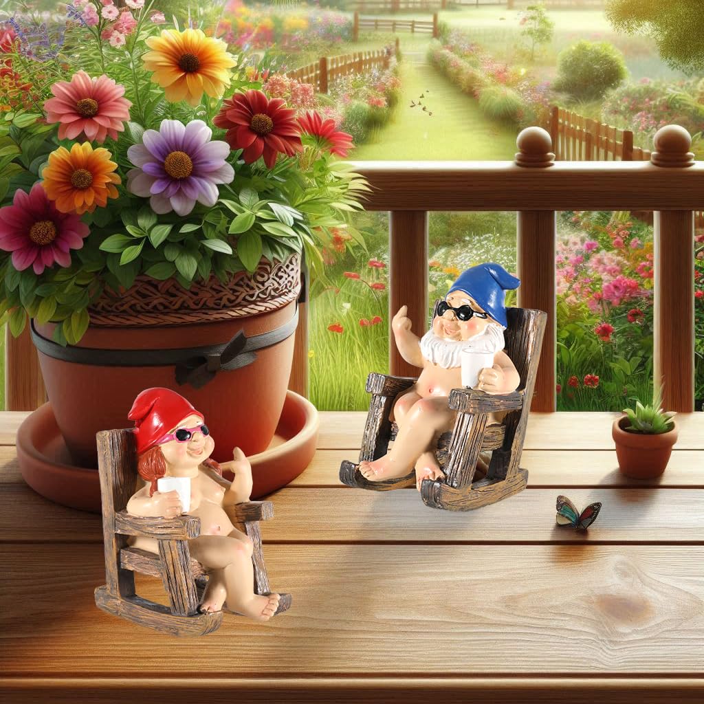 Funny Naked Gnomes Set – Durable Resin Miniature Fairy Garden Gnomes Perfect for Indoor and Outdoor Decor - Middle Finger Gifts - Naughty Gifts for Women Man (Rectangular)