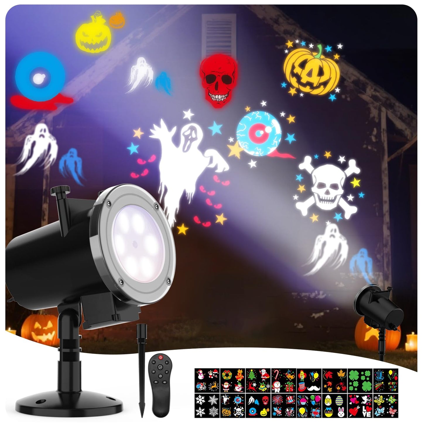 Elec3 Halloween Christmas Projector Light Outdoor/Indoor, Waterproof 16 Slides Ghost Projection Lights LED Holiday Projector Light with RF Romote Used for Home Party Holidays Halloween Decoration