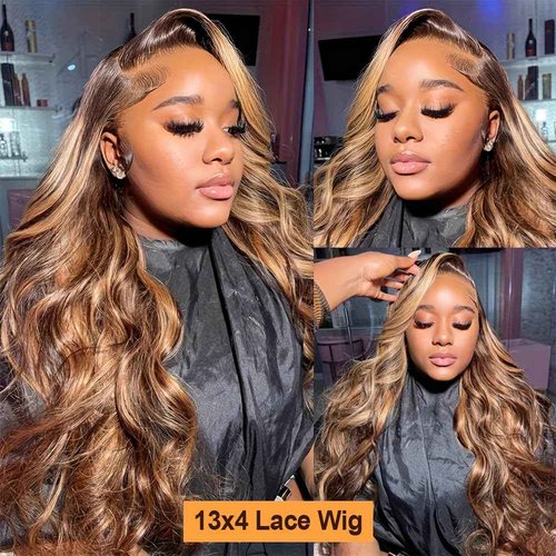 Honey Blonde Ombre Lace Front Wig Human Hair Highlight Wig Human Hair 4/27 Colored Body Wave HD Lace Front Wigs Human Hair Pre Plucked with Baby Hair Frontal Wigs for Women 180% Density 28 Inch