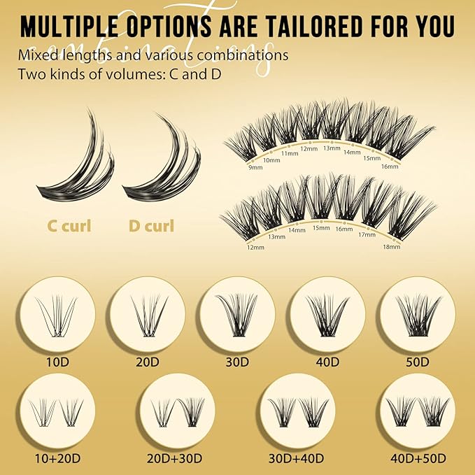 QUEWEL Lash Clusters 320Pcs Cluster Lashes 40D+50D D Curl Lash Cluster Eyelash Extensions Mix9-16mm Individual Eyelashes Clusters Wispy Lash Clusters Thin Band Soft to Use at Home(40D+50D D Mix9-16)