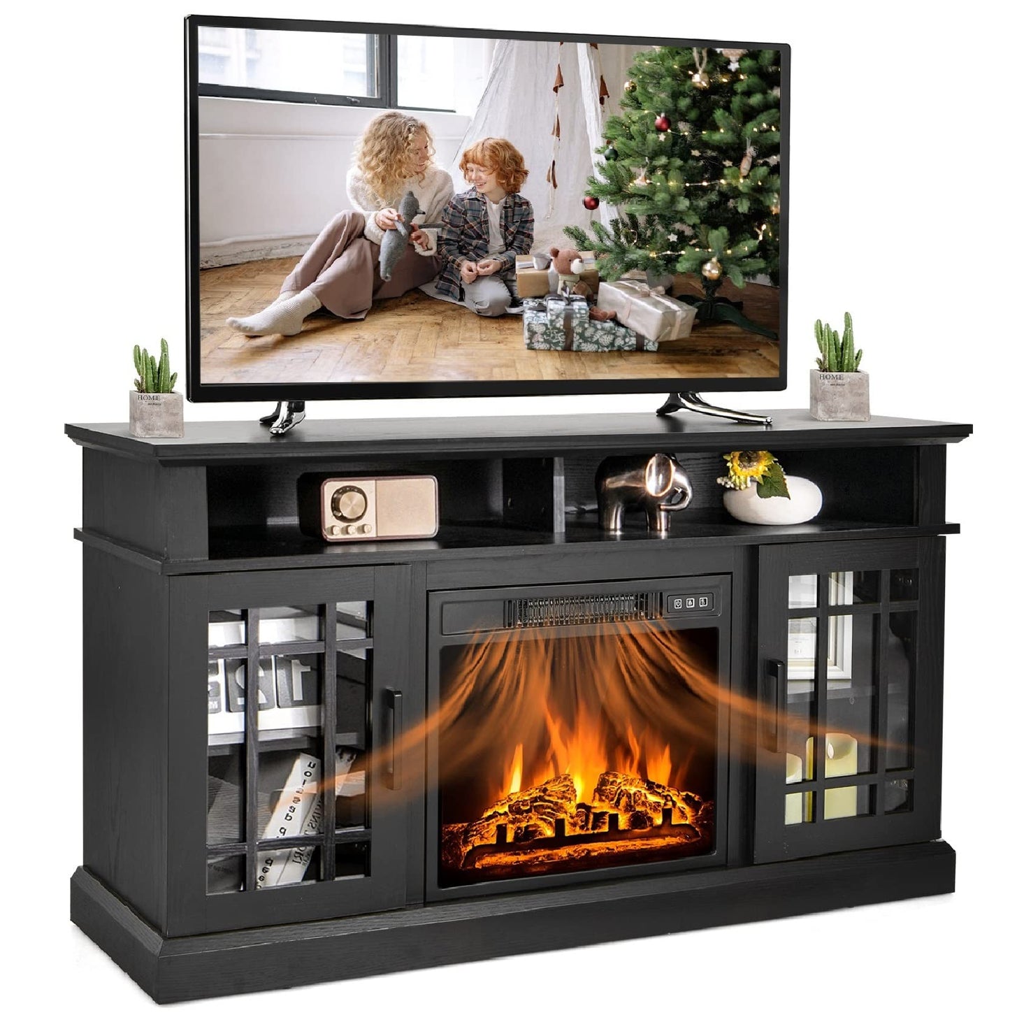 SIMOE Fireplace TV Stand Electric Fireplace 49Inch Console up to 55 TV with 2 Shelves and 2 Cabinets w/Doors, 3 Adjustable Fla